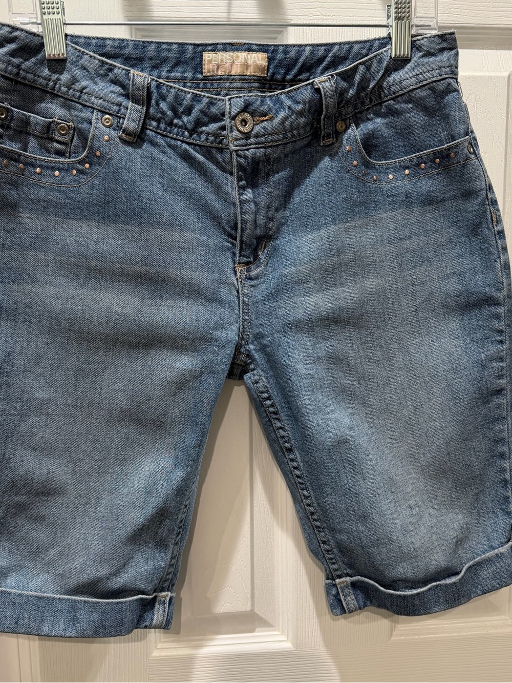 Personal Identity Medium Blue Denim Cuffed Jean Shorts with Stud Accents